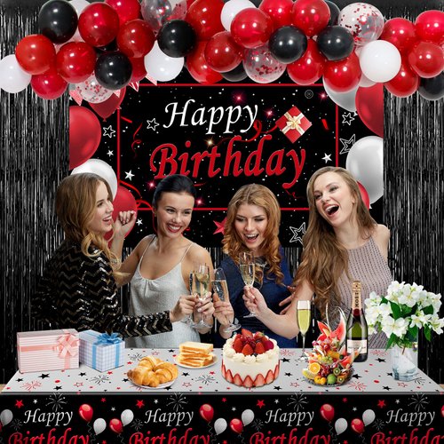 Red and Black Birthday Decorations for Men Women, Happy Birthday Decorations fo Boys Girls Party Decoration Backdrop & Tablecloth Balloons Arch Kit Confetti Balloons Foil Fringe Curtains Table Cover