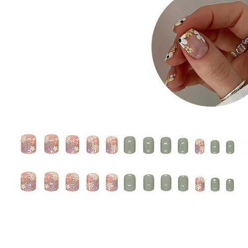 24pcs Pink Press on Nails Short Square Decoration Spring Glossy Fake Nails Short Coffin Flower Nail Supplies Acrylic Exquisite Nail Supplies for Women and Girls Full Cover Gel Reusable Set