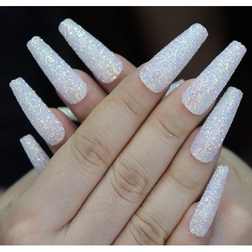 MISUD Bling Glitter False Nails, Long Coffin Fake Nails, White Press on Nails, Ballerina Shape Acrylic Nails for Women & Girls
