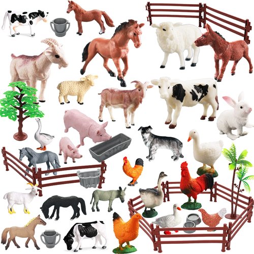 Realistic Farm Animal Figures Toys, 44 Pcs Plastic Farm Figurines Playset Includes Fences Mini Farm Animal Cake Topper Learning Toy Set for Kids & Toddlers