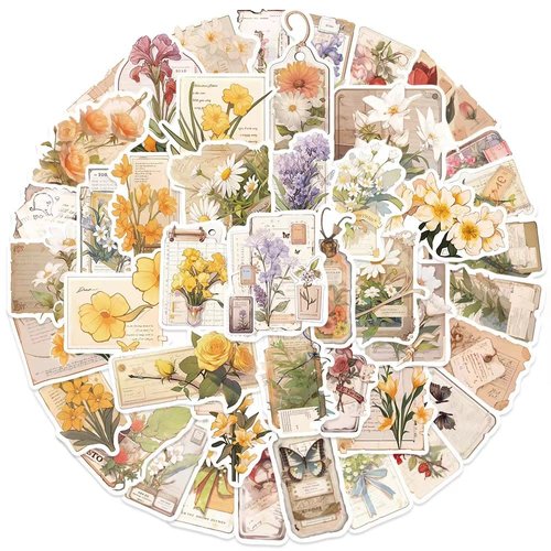 Vintage Scrapbook Paper Journaling Scrapbooking Scrapbook Supplies Pack Aesthetic Decorative Craft Paper Flower Stickers for Scrapbooking Pressed Flower Themed Decals Botanical Journaling Sticker