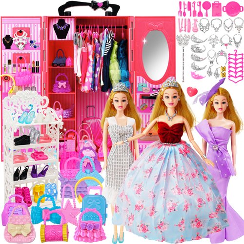 116 Pcs Doll Accessories with Doll Closet for 11.5 Inch Doll, Doll Dress Up Set Including Wardrobe Clothes Shoes Hangers Bags Necklaces Girls Toy Gifts