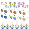 Hotusi 18Pcs 60s 70s Costume Accessory Set: 6 Peace Sign Necklaces, 6 Daisy Sunflower Headbands, 6 Retro Round Sunglasses for Hippie Party Supplies