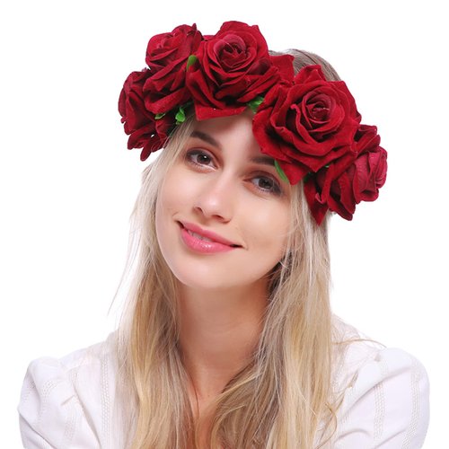 Lopsity Women's Rose Flower Crown Headband Polyester Material, Elastic Headband, Adjustable Size, for Wedding, Festival, Party, Photo Props (Red, 1 Count)