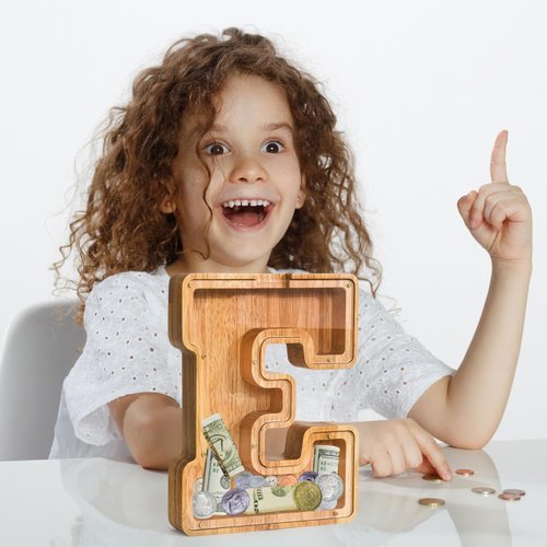 Letter Piggy Bank PrimRend® Personalized Wooden Money Coin Cash Saving Bank for Boys Girls Kids Toddler Gifts for Birthday|Christmas|Baby Shower|Children's Day Medium 9 Inch, Alphabet E