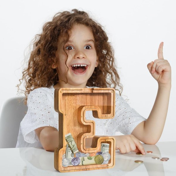 Letter Piggy Bank PrimRend® Personalized Wooden Money Coin Cash Saving Bank for Boys Girls Kids Toddler Gifts for Birthday|Christmas|Baby Shower|Children's Day Medium 9 Inch, Alphabet E