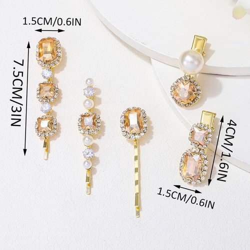 CAKURE Rhinestone Hair Clips Gold Champagne Crystal Hairpins Pearl Hair Barrettes Gift Decorative Hair Accessories for Women and Girls (Pack of 5) (a-champagne)