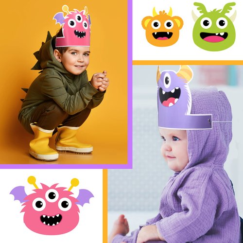 Aoriher 12 Pcs Monster Paper Hats Party Headbands Monster Themed Birthday Party Supplies Baby Shower Favors Monster Dress Costume for Boys Girls Kids Party Supplies Cosplay Props, 6 Styles
