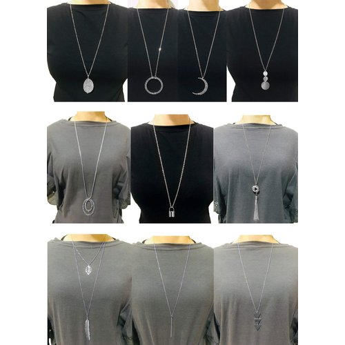 Ofeiyaa 10Pcs Long Pendant Necklace Simple Moon Bar Three Triangle Tassel Lock Sweater Y Shape Punk Chain Choker Necklace for Women Girls Silver Tone
