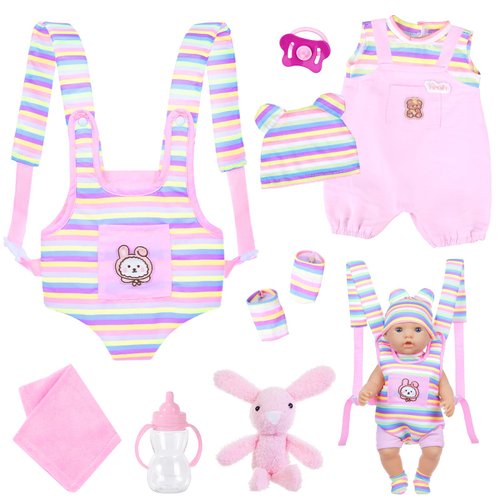 Baby Doll Carrier for 16-18 Inch Dolls,Baby Doll Carrier Backpack with Clothes and Accessories Included Doll Carrier for Little Girl,Suspender Trousers,Hat,Socks,Feeding Bottle,Pacifier（No Doll）