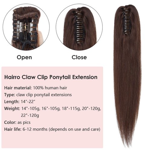 Hairro Ponytail Hair Extensions Claw Clip In Ponytails Jaw On Ponytail Extensions 100% Real Human Hair Long Straight Jaw/Claw Clips Pony Tail Hairpieces For Women 14 Inch 105g #02 Dark Brown