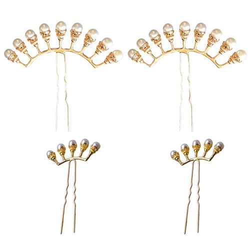 WOFASHPURET 4pcs Pearl Hair Updo, Wedding Hairpin Hair Side Combs Bridal Hair Clips Chinese Hair Sticks Pearl Bobby Barrettes U Shape Hair Clips French Barrette Bride Hair Styling Accessories (Gold)