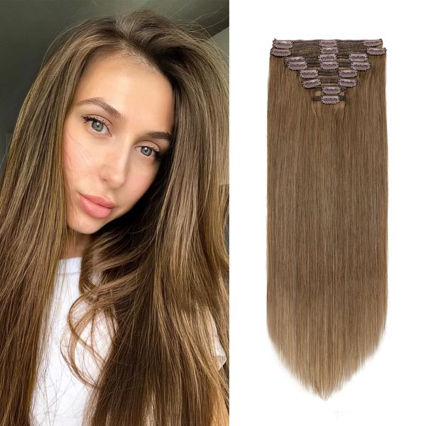 MY-LADY Double Weft Clip in Hair Extensions 100% Remy Human Hair 14 inch 120g 8pcs Light Brown Full Head Thick Human Hair Extension Clip Ins 18clips Grade 7A Quality Silky Straight #6