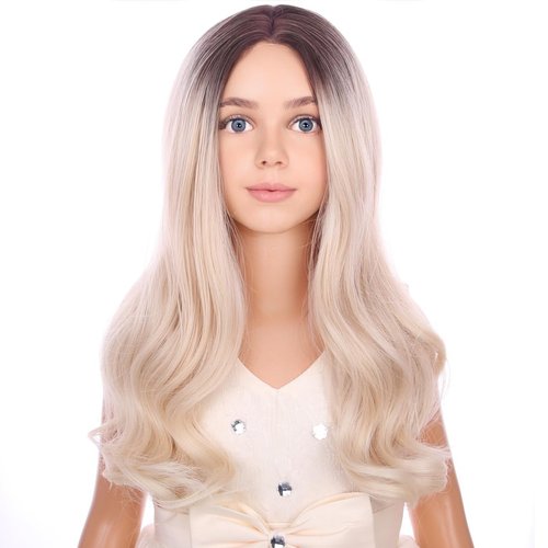 PATTNIUM Long Blonde Wigs for Kids Child Wig Long Curly Wavy Wig Ombre Blonde Wig Middle Part Girls Wig Black to Blonde Long Wigs Heat Resistant Synthetic Hair Wig with Wig Cap