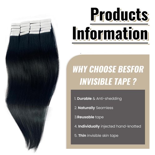 16inch Tape in Hair Extensions Human Hair #1 Black Silky Straight 100% Real Human Hair Extensions 20pcs 50g/Pack Tape in Hair Extensions for Women