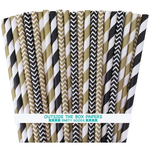 Outside the Box Papers Black and Gold Chevron and Striped Paper Straws 7.75 Inches 100 Pack Black, Gold, White