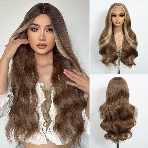 REBECCA STYLE Long Brown Wavy Wigs for Women 26 Inch Middle Part Curly Wavy Wig Natural Looking L...