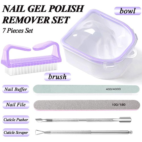 Nail Soaking Bowl, Gel Nail Polish Remover Kit, Manicure Bowl for Hand, Dip Powder Remover Tools, Nail Soak Off Bowl for Acrylic Nails, Nail Brush, Cuticle Pusher, Cuticle Peeler, 100/180 Nail File, Buffer Block
