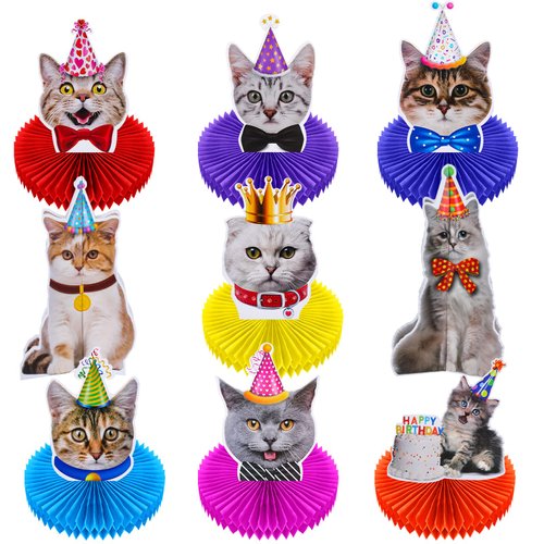 Teling 9 Pcs Cat Birthday Party Decorations Cat Themed Honeycomb Centerpieces Cats Party Supplies Cat Party Cake for Kids Baby Shower Birthday Supplies