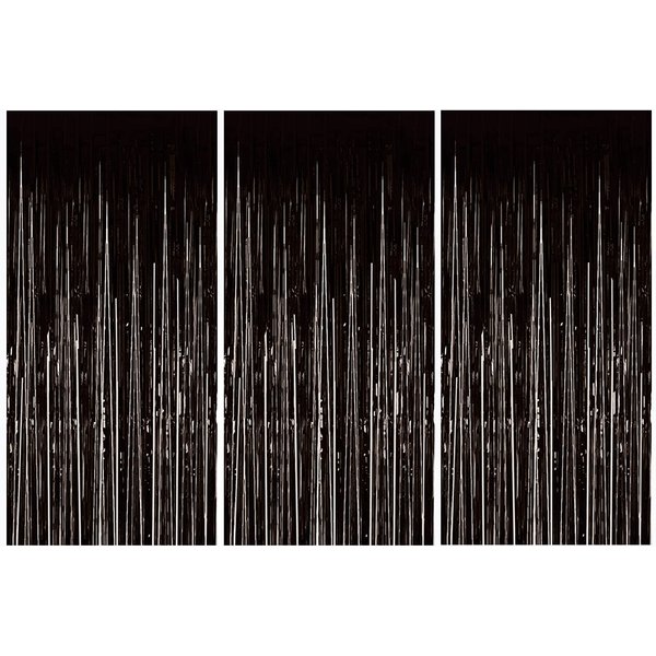 Abcty 3Pcs Black Metallic Tinsel Foil Fringe Curtains, 3.2ft x 8.2ft Streamer Party Decorations Backdrop for Birthday Wedding Engagement Shower Baby Bachelorette Holiday Celebration Decorations