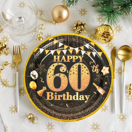 LDFDRT Party Paper Plates 60th Birthday Decorations 50 Pcs 7" Black Gold Birthday Plates Tableware Set Happy Birthday Party Supplies