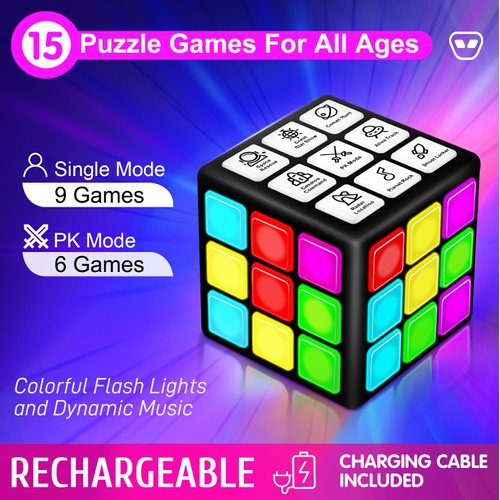 Xinbeiya Rechargeable Game Handheld Cube, 15 Fun Brain & Memory Game with Score Screen, Cool Toys for Kids, Christmas Birthday Gifts for Boys Girls Aged 6-12+ Years Old, Toy Gift Idea for Kids（Black）