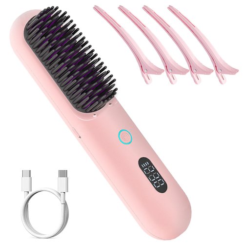Cordless Hair Straightener Brush Comb PRO Portable Straightening Brush for Travel 9600mAh Battery Anti-Scald Hot Hair Brush Heat Comb Pink