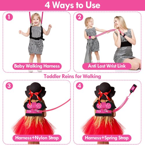 Toddlers Leash for Walking + Anti Lost Wrist Link Safety Wrist 4 in 1 for Toddlers, Child, Babies & Kids, Safety Harness Kids Walking Wristband Assistant Strap Belt (Pink Minnie Toddler Leash)