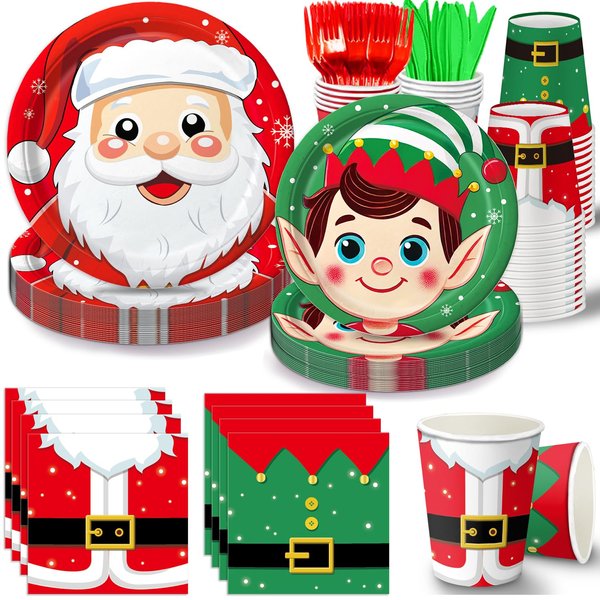 144 PCS Christmas Party Decorations - Christmas Party Supplies Set Includes Paper Plates, Napkins, Cups, Forks, Knives for Holiday Christmas Party Decorations, Serves 24