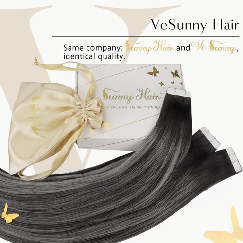 Ve Sunny Tape in Hair Extensions 24inch Balayage Hair Tape in Extensions Black Ombre Grey Invisible Tape in Hair Extensions Real Human Hair Balayage Natural Black Mix Silver Grey 25g 10pcs
