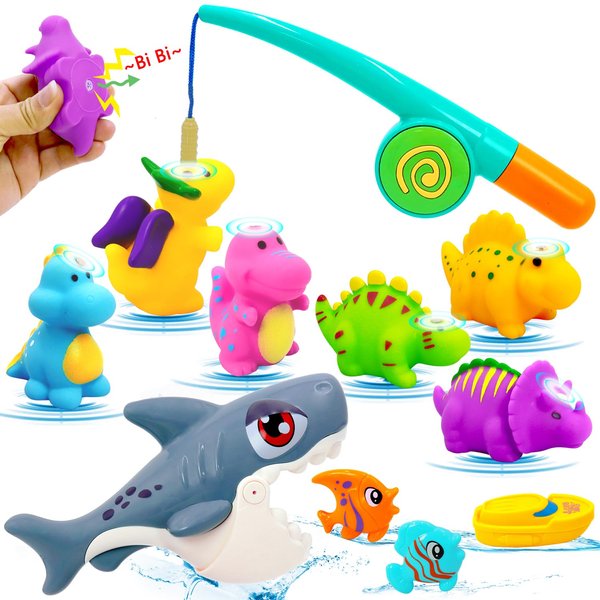 Bath Toys for Kids Ages 1-3 ,Baby Soft Dinosaurs Bath Tub Toys,11 pcs Bathtub Shark Game for Infants Toddlers, Magnetic Dino Fishing Toys Set,Mold Free Bath Toys