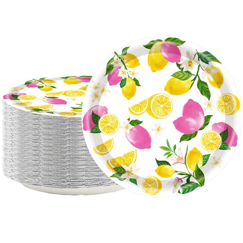 50PCS Lemon Party Supplies7"Lemon Paper Plates Blue Tiles Yellow Lemon Party Plates Vintage Bird Leaves Plates Summer Citrus Fruit Paper Plates for Summer Birthday Lemons Party Decoration (pink)