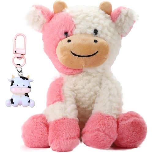 FCLEIH Cow Stuffed Animals, 9" Soft Cuddly Sit Cow and Cow Keychain, Cow Plush Animal Toy Great Gift for Kids (Pink)
