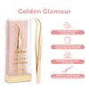 Icona Lashes Hair Removal & Eyelash Tweezer - J-curved Tip for Precise Plucking - Applicator Tool for False Eyelash Clusters & Lash Extensions - 24K Gold Plating, Stainless Steel - Case Included