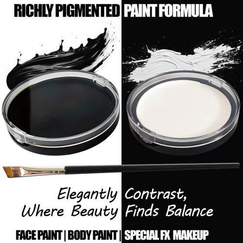 Jim&Gloria Black and White Face Paint + Painting Brush + UV Glow Tattoos, Sweatproof & Water Resistance Paints, Professional Palette Makeup Kit for Halloween SFX Costume Skeleton Clown Joker Mime
