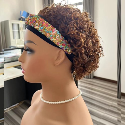 KESEN Headband Wig Human Hair Short Curly Headband Wig Human Hair Wigs for Black Women Pixie Cut Kinky Curly Bob Glueless Half Wigs 180% Density P4/30 6Inch