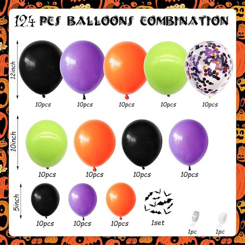 KAINSY Halloween Balloon Garland Arch Kit, 124PCS Black Purple Orange Green Balloons Confetti Giant Bat Foil Balloon with 3D Bat Stickers for Ghost Halloween Party Decorations Supplies Kids Classroom