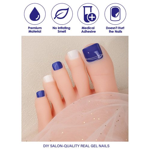 EBANKU Gel Toe Nail Stickers Cured Gel Nail Strips for Toes Gel Toenail Strips Nail Art Wraps Long-Lasting Toe Gel Nail Polish Wraps Gel Nail Art Stickers for Toes UV/LED Lamp Required (Blue White)