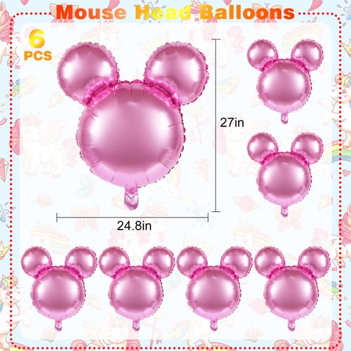 6 Pcs Mouse Head Balloons, 24'' Mouse Mylar Balloon Jumbo Mouse Head Aluminum Foil Balloons for Birthday Party Decorations Baby Shower Supplies Party Favors (Pink)