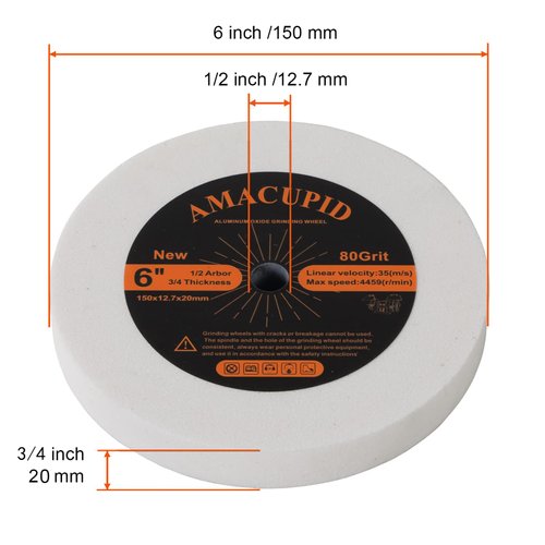 AmaCupid Bench Grinding Wheel 6 inch. for Sharpening Quenched Steel, High Carbon Steel and Other Cutting Tools. White Aluminum Oxide Abrasive. 1/2 inch Arbor, 3/4 inch Thickness, 80 Grit