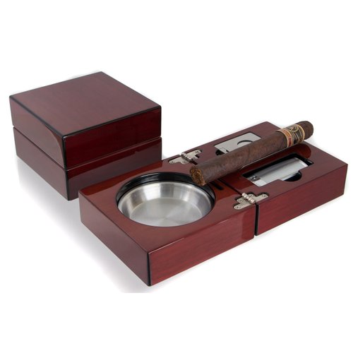 Mantello Cigar Ashtray Gift Set - High-Gloss Cherry Finish Wooden Travel Case - Stainless Steel Holder, Jet Torch Lighter, and Guillotine Cutter for Up to 54 Ring Gauge Cigars - Perfect for Travel