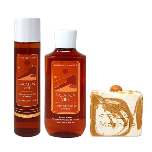 Bath & Body Works Vacation Vibe Fragrance Mist and Body Wash Set with a Peach Gardenia Bar Soap - Full Size
