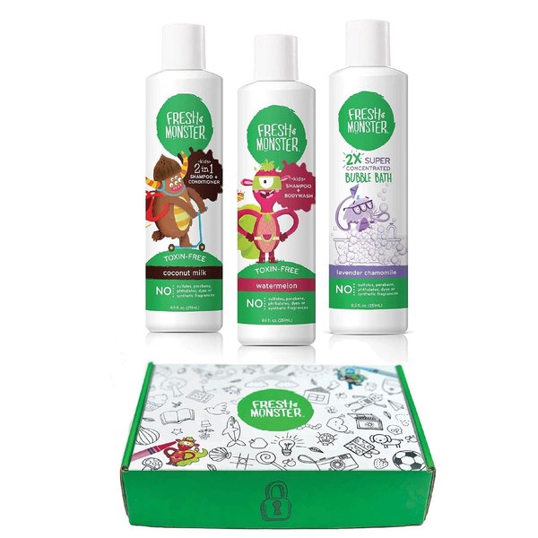 Fresh Monster Kids and Baby Bath Gift Set: Coloring Box, Natural Shampoo & Conditioner, Body Wash, and Bubble Bath (8.5 oz Each)