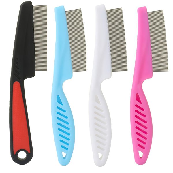 4 Pcs Flea Fomb,Cat Flea Comb,Flea Comb for Cats,Dog Flea Comb,Flea Brush for Dogs,Stainless Steel Comb,Professional Dandruff Removal Combs,Grooming Tool for Pets Dog(White,Pink,Blue,Black)