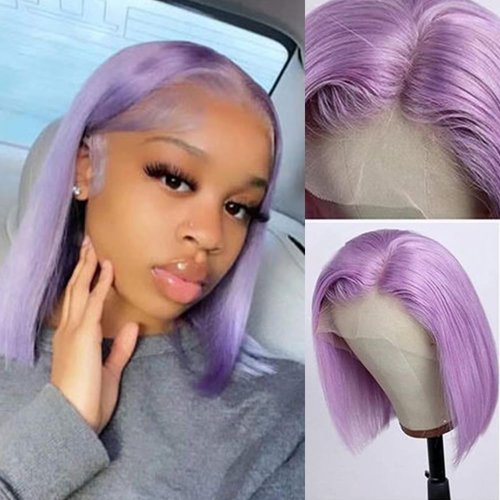 Lilac Bob Wigs Human Hair,13X4 Bob Lace Front Human Hair Wig Straight Pre Plucked Free Part Glueless HD Lace Wigs 8" 150% Density Brazilian Remy Human Hair with Baby Hair Purple Bob Wigs for Women