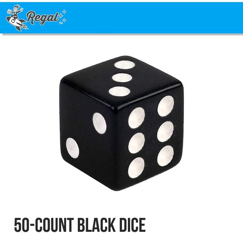 Regal Games - 6-Sided Urea Game Dice Set - Standard 16mm Size - 50 Count - Black - Perfect for Group Events, Bulk Buying