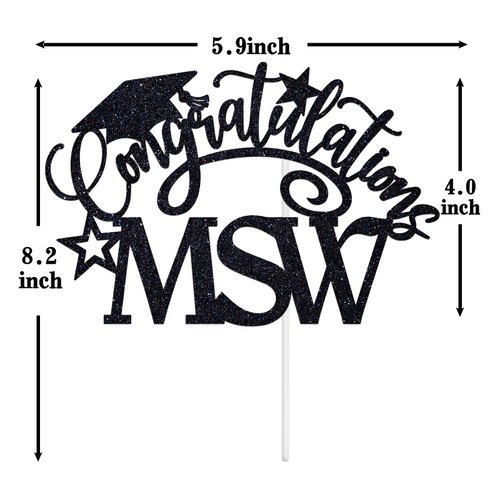 Congratulations MSW Cake Topper, Congrats Grad/Master of Social Work Cake Decor, Class of 2024 College Graduation Party Decorations Supplies, Black Glitter