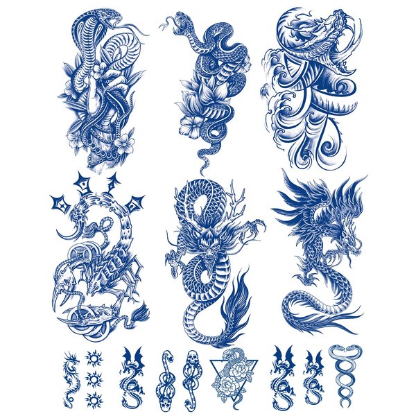 PADOUN 12 Sheets Semi-Permanent Fake Tattoos, 6-Sheet Big Temporary Tattoos With Dragon Snake Scorpion Patterns And 6-Sheet Small Cute Semi Permanent Tattoos Long Lasting 1-2 Weeks