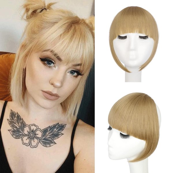 FeidyLong Bangs Hair Clip Extensions French Bangs Natural Thick Curved Fringe with Long Temples Clip-in Straight Hairpiece for Women(French bangs,ash blonde)