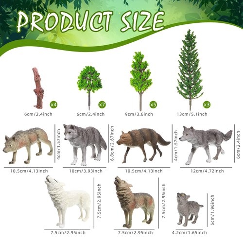 Sratte 26 Pcs Woodland Wolf Figurines Toys Small Wolf Figures with Model Trees Kit Playset Mini Wolf Cake Toppers Diorama Project Kit for Kids Toddlers Birthday Gift Decor